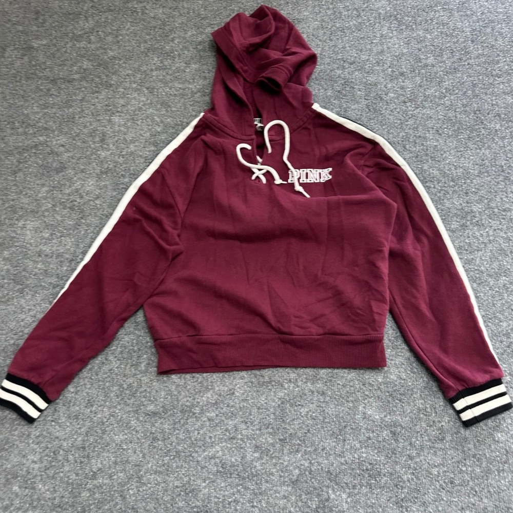 PINK Hoodie Womens Size XS Maroon Lace Up Side Stripe Cropped Athletic Sweater